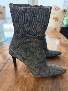 Authentic Gucci dark Jean or Black Patterned Pointed-Toe Stiletto Booties